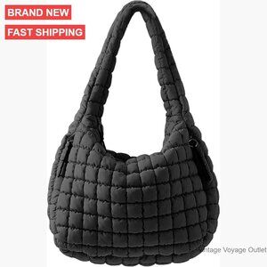 Large Quilted Puffer Hobo Bag, Nylon Crossbody Tote with Zipper Pockets